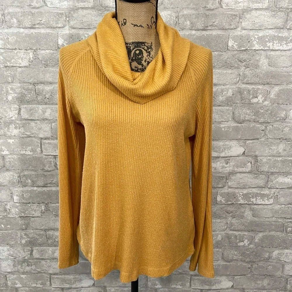 Anthropologie Maeve Vanna Mustard Yellow Cowlneck Ribbed top